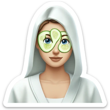 White girl with Brown hair and blue eyes wears a Green colored skincare textured mask and puts on cucumbers around her eyes while She relaxes in her white Robe sticker