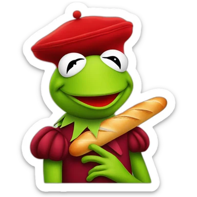kermit the frog with a red beret and a baguette sticker