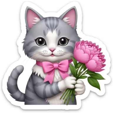 Cute cat Handing pink peonies like reaching a hand and handing them out a bouquet of them not a physical hand the cats hand  make the cat fluffy and grey and white fluffier make the cat wear a pink coquette make her wear a pink coquette sticker