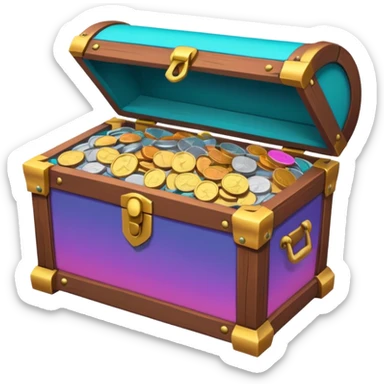 wooden brown treasure chest filled with  coins 
Change coins color in in gradient of turquoise, blue, pink, purple, and coral sticker