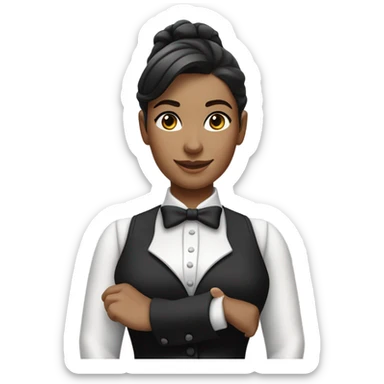 a caucasian female butler with a professional and elegant demeanor. She has her hair neatly tied in a ponytail and wears a classic butler uniform, including a tailored vest, crisp white shirt, and bow tie. sticker