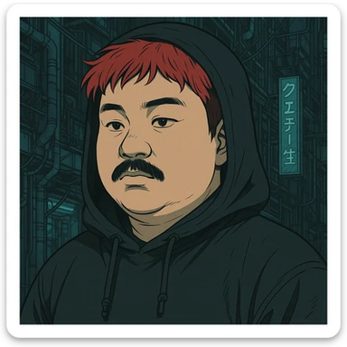 Asian man with a round face, black mustache, red hair, black hoodie, Japanese manga style inspired by Ghost in the Shell, more anime-like features, cyberpunk atmosphere, detailed linework, subtle color accents sticker