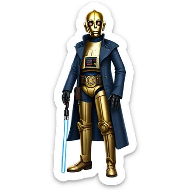 bounty hunter tarnished undercover tough well-equipped Jedi  life-sized darkblue-pearl C3po leather vest clothing pants and vest old west duster coat holding light saber sheriff sticker
