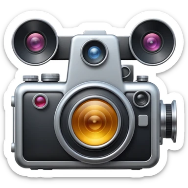 Minimal emoji icon of a huge cinematic metalic camera, front view, simple shapes, realistic lens,  sticker