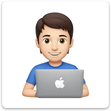 apple-style emoji of a friendly young male developer with dark brown hair, hazel eyes, a dimple, smiling and winking, wearing a tech t-shirt, at a MacBook with Apple logo, light gray background sticker