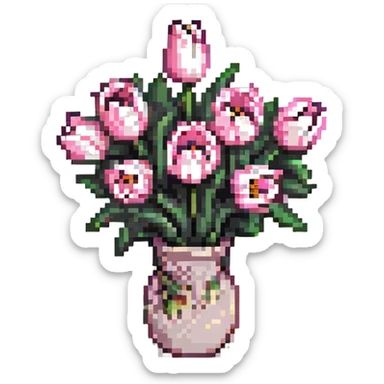 light pink tulip bouquet, pixel art sticker