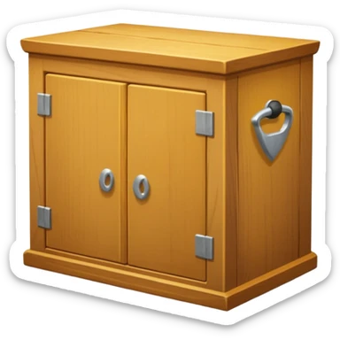 Compact emoji-style icon showing a small wooden cabinet with one door slightly open, a hammer resting beside it, and a plank of wood leaning in the background. Light brown wood tones, silver hammer head, yellow handle. Soft shadows, clean glossy look.  sticker