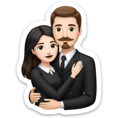 tall white man with brown hair goatee mustache hugging a pale woman with long black hair, wearing black and white formal clothing sticker