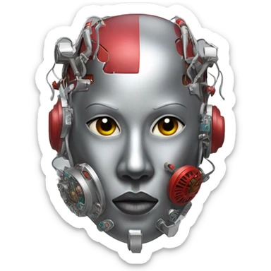 Silver Mohawk female cyborg head with red respirator mask and circuits sticker