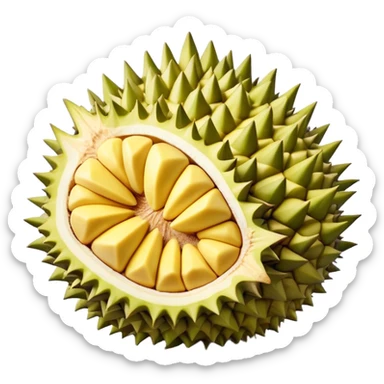 Cinematic Realistic Durian Fruit Dish Emoji, depicted as the notorious spiky fruit with a rich, custardy interior rendered with lifelike detail and bold, distinctive lighting. sticker