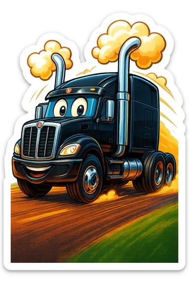 Make the black Kenworth W680 cartoon truck with playful smoke and chrome stacks look like it's racing down the road, with visible road, strong motion effects, and a dynamic, cheerful style. Transparent background. sticker