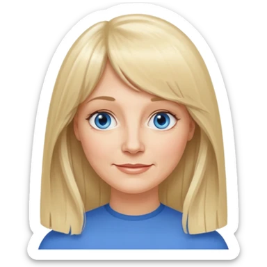 50 yr old white woman, curtain bangs, very long straight blond hair, oval face, small smile, blue eyes, thin face, hair down to elbows, round cheeks, pale sticker
