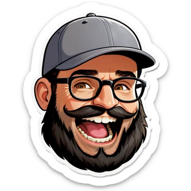 A man with a grey baseball cap, hazel eyes, big dark brown beard and glasses, laughing sticker