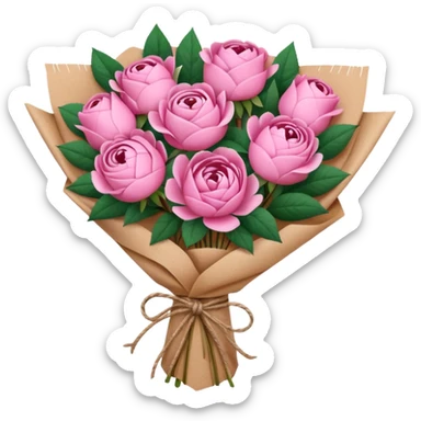 Bouquet of pink flower like rose and peony wrapped in kraft paper sticker