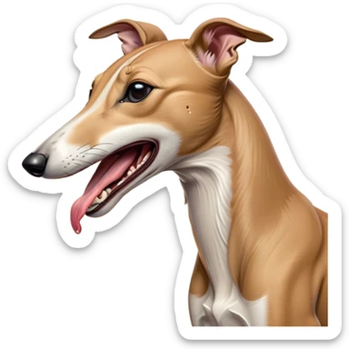 Cinematic Cute Yawning Fawn Greyhound Portrait Emoji, Head tilted slightly with a dramatic, wide-open yawn, showcasing a smooth fawn Fur with a refined finish, floppy ears slightly drooping, round eyes barely open in drowsy contentment, Simplified yet irresistibly adorable features, highly detailed, glowing with a soft, cozy glow, high shine, relaxed yet expressive, stylized with a touch of whimsy, bright and endearing, soft glowing outline, capturing the essence of a sleepy yet affectionate companion, so drowsy it feels like it could stretch out of the screen and curl up for a nap! sticker