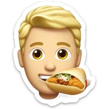 White guy with blonde pompadour hairstyle eating a burrito and chicken tenders sticker