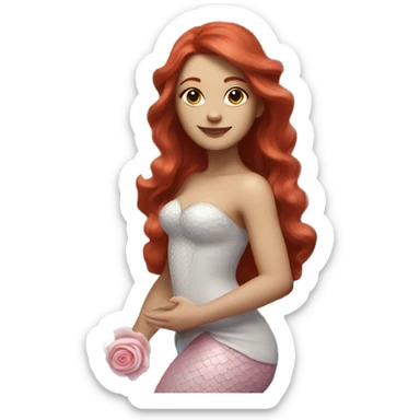 Realistic european woman with longer red  hair with pink roses & white daisies in hair wearing mermaid style blue dress posed elegantly  sticker