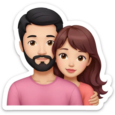 handsome asian man with black hair and beard, hugging cute woman with light tan skin and long wavy reddish brown hair, bangs, pink top, coral lipstick sticker