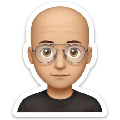 Latino man with small oval face and big forehead, aviator-style glasses, completely bald/shaved sides with very short curly dark hair only on top of head, neutral-friendly expression, light brown skin, wearing a black t-shirt sticker