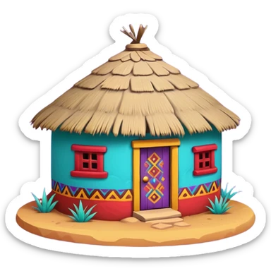 African mud hut tribal house, round adobe clay hut, thatched roof, bright colorful paint, walls in turquoise, red, yellow, purple, tribal patterns, cute mobile game icon, 3D cartoon, soft shadows, clean background, no text, no watermark sticker