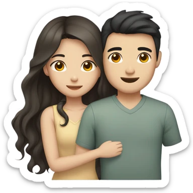 A cute Asian couple hugging each other very tight. The girl has long dark wavy hair and pale skin and dark hazel eyes, the Man has short dark straight hair and bright amber eyes and is pale sticker