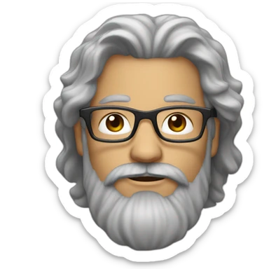 man with a beard and long dark curly hair, with square, red glasses and slightly gray hair and a grayer beard sticker