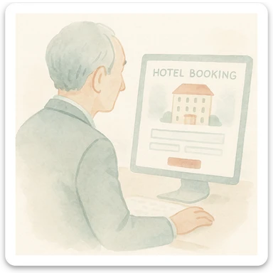 soft watercolor illustration in a minimalist modern style of a Japanese older man in a suit sitting in front of a computer, booking a hotel room on the screen, view from the back showing the computer screen, pastel colors, delicate linework, gentle whimsical mood, minimal soft shading sticker