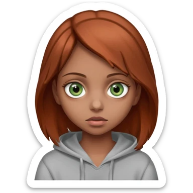 A girl with medium-length reddish-brown hair and hazel-green eyes, wearing a gray hoodie and holding an eyeball.  sticker