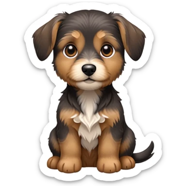 A cute small dog emoji with a wire-haired coat, black and tan coloring, medium-sized floppy ears, short legs, and expressive dark eyes. The dog should look like a mix between a Dachshund and a Yorkshire Terrier. It should have a fluffy, slightly shaggy face with more hair around the snout and eyebrows. Sitting pose, slightly tilted head, with a curious and gentle expression. sticker