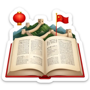 An icon featuring the Great Wall of China and the flag of China, symbolizing the Chinese language. The design includes an open book with Chinese characters and a red lantern, representing language learning and rich cultural tradition. Transparent background highlights the depth of Chinese heritage. sticker