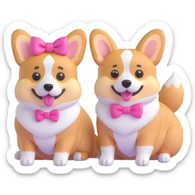 3D emoji style corgi couple, one male corgi and one female corgi with a pink bow, sitting together sticker