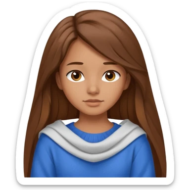 crea una ragazza giovane con i capelli marroni lunghi, una camicia bianca e un maglioncino blu appoggiato sulle spalle sticker