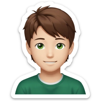 the face of an Anime asian style teen boy with brown hair, green eyes, looking smiling slightly sideways positioned. Face must be main filling of the frame.  128px sticker