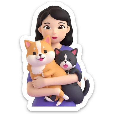 girl with black shoulder-length hair wearing a black tight-fitting top with a calico cat with white mouth and a shiba inu dog sticker