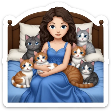 detailed realistic looking a dark grey and white cat regally laying with six other cats, cuddling with their owner in bed who is a pretty bratz lightly tanned white girl with long dark brown hair, blue eyes and gorgeous long wavy hair wearing a pretty detailed dress sticker