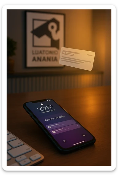 A photo of an iPhone with the message "Antonio Anania" on its screen, hovering over it is another document floating in mid-air, both surrounded by soft light and shadow. The phone sits atop a desk with a blurred background that suggests work environment. A faint glow from above casts gentle shadows across the surface of each object, creating depth and highlighting their textures. sticker