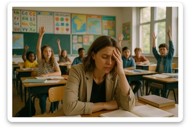photograph of exhausted teacher in a bustling classroom sticker