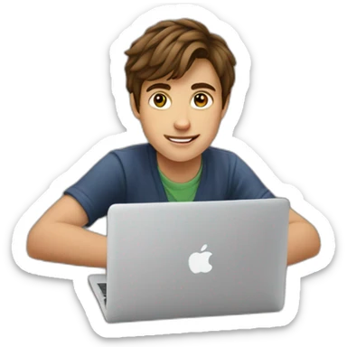 A 19 years old kid with brown hair using a MacBook on a table sticker