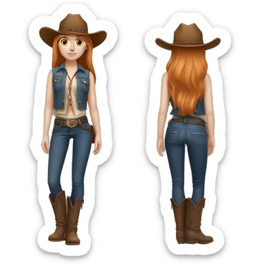 White skin, woman, feminine, 21 year old,straight hair , ginger coloured hair, beautiful, British, stylist, aesthetic, side and bangs, sensual looking, full body, complete body figure,slim, she’s wearing a cowboy outfit sticker