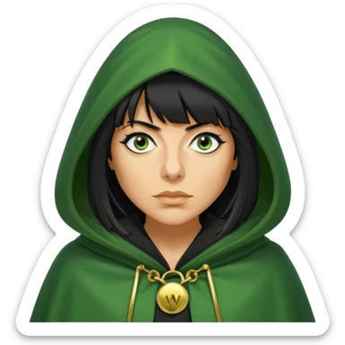 claudia winkleman with a heavy fringe and a fake tan as a traitor with a green hooded cloak with a gold clasp and dark black eyeliner sticker