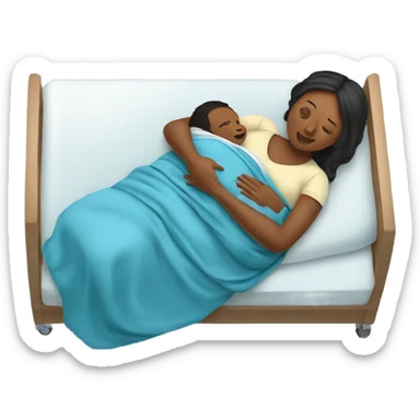 pregnant women holding her newborn baby in a blue swaddle blanket and she in laying down on a hospital bed sticker