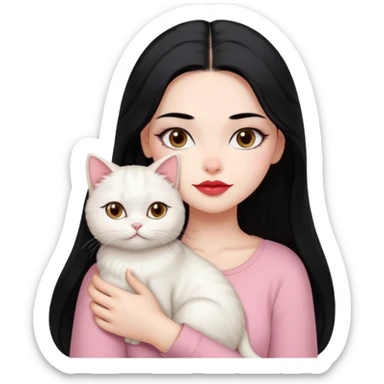 Beautiful Girl Long Hair black, Brows Big , Skin White, Top Pale Pink , Big Red Lips, EyesCoffe , Hug Little baby Persa Cream Cat With Cute Eyes sticker