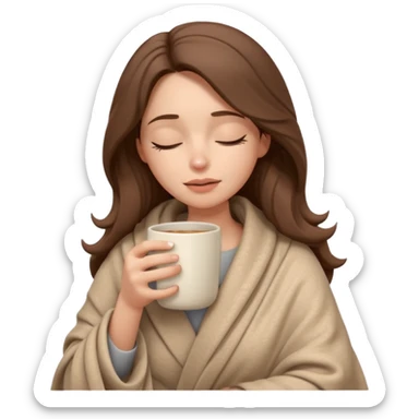 emoji-style illustration of a pretty relaxed woman with long wavy brown hair, wrapped in a cozy beige blanket, holding a mug cup, eyes closed, sad and a bit anxious expression, soft 3D cartoon rendering, warm and comforting mood, plain background
 sticker