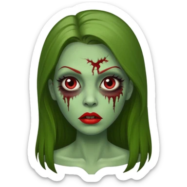 Zumbi feminino, de pele verde, cabelo longo liso e castanho. Labios vermelhos, rosto oval e cilios grandes sticker