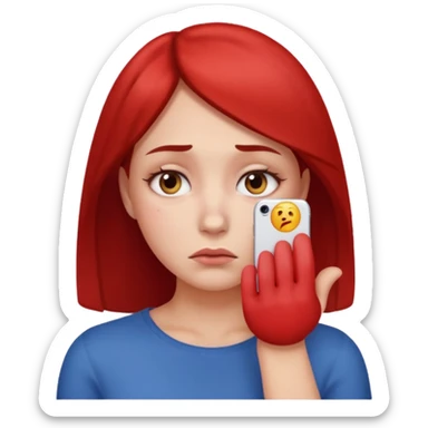 iPhone-style emoji of a woman looking concerned, touching her face, with visible facial redness sticker