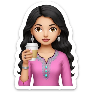 a pretty bratz fair indian girl wearing a pink kurti, drinking takeaway coffee. Silver jhumkas, black wavy hair sticker