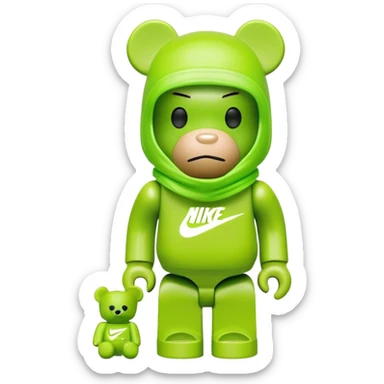 bearbrick toy wearing a lime green balaclava with a Nike swoosh logo sticker