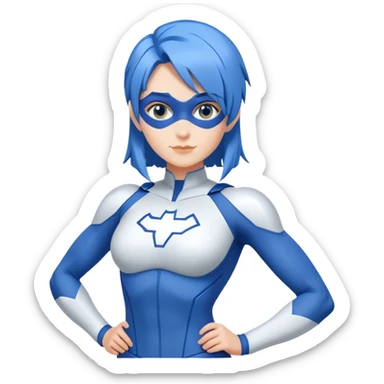 Emoji of a friendly woman with blue hair (no mask), wearing a minimalist blue and white superhero suit with broad shoulders. The suit has a large blank area on the chest for a logo, uses only blue and white colors, and has minimal details. Image is cropped at the chest level. sticker