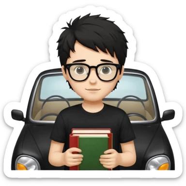 generate a pretty bratz fair skinned boy with black messy hair wearing a black tshirt driving. Glasses on. holding books sticker