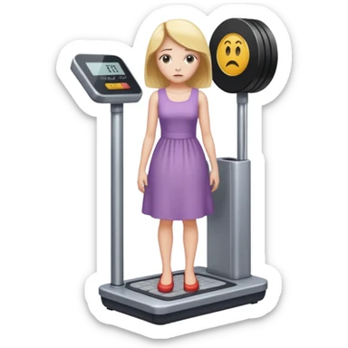 women is standing on weight check machine and she is sad because his weight is not ganaing showing weight also sticker